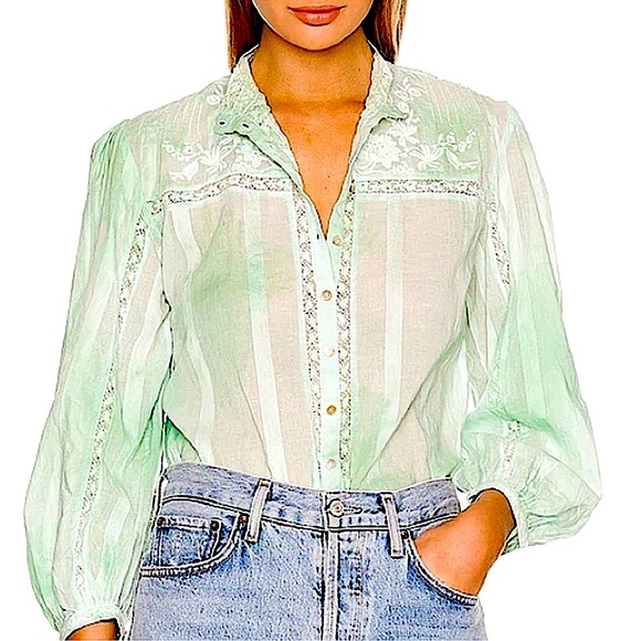 LoveShackFancy Ronda Embroidered Puff Sleeve Hand-Dye Blouse NEW